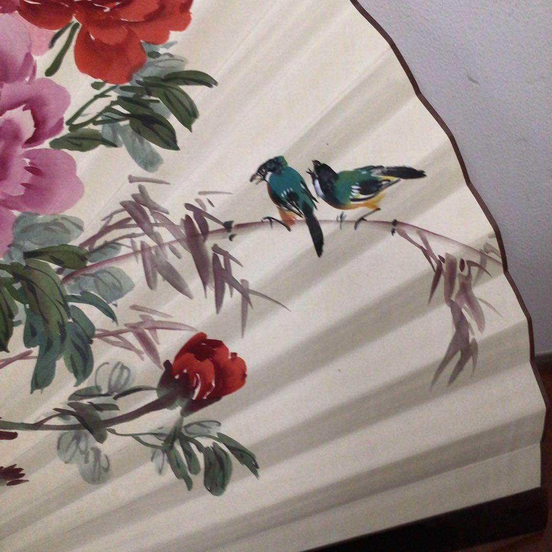 No5725 時代　銘有　特大扇子　牡丹絵図　紙箱入　花鳥　縁起物　送料無料