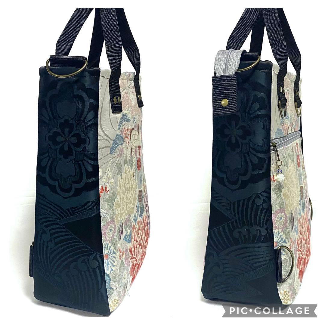 397 帯リメイク　銀の御所車のBOX型3wayバッグ