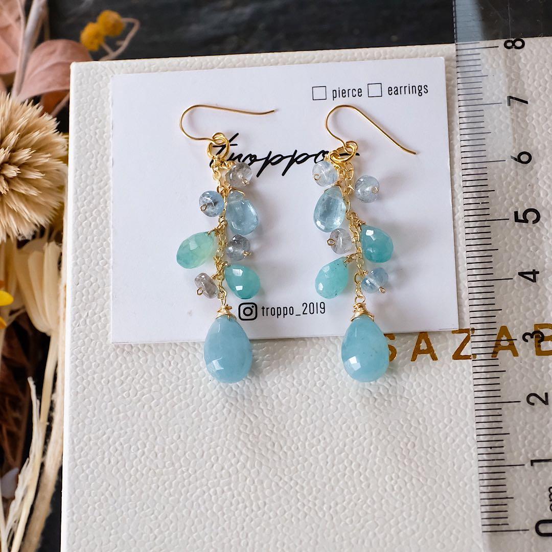 14kgfミルキーアクアマリンチェッカーカット・グランディディエライトピアス