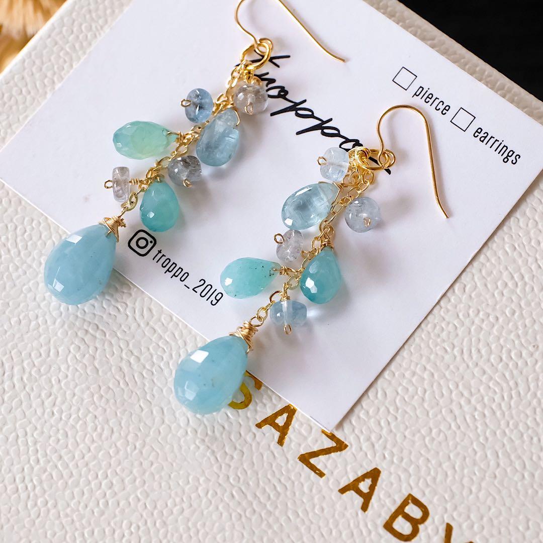 14kgfミルキーアクアマリンチェッカーカット・グランディディエライトピアス