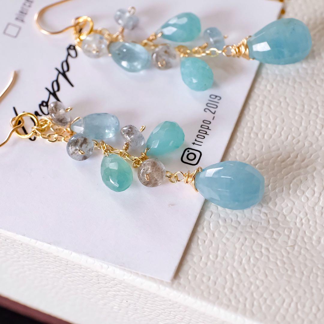 14kgfミルキーアクアマリンチェッカーカット・グランディディエライトピアス