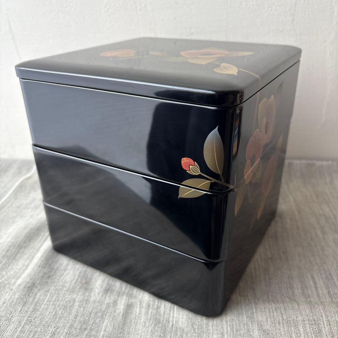 木製 蒔絵 椿 重箱 三段 20cm 黒