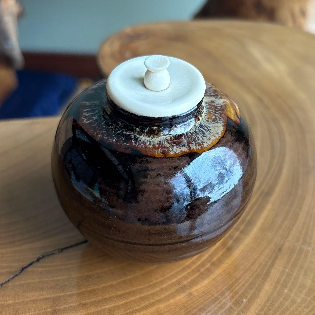 洛谷定一作 茶入 瀬戸焼 桶谷定一 仕覆付 茶道具 共箱